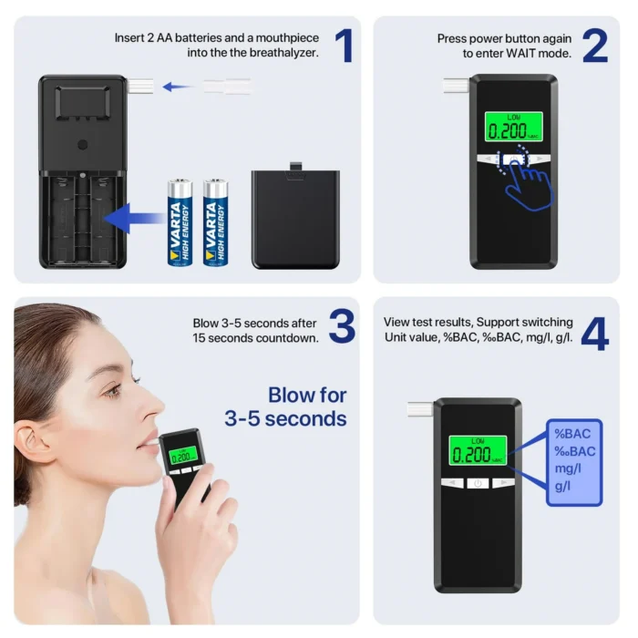Breathalyzer, Upgrade Professional-Grade Accuracy Alcohol Tester with Digital Blue LCD Display for Home or Party Use with 5 Mouthpieces - Image 4