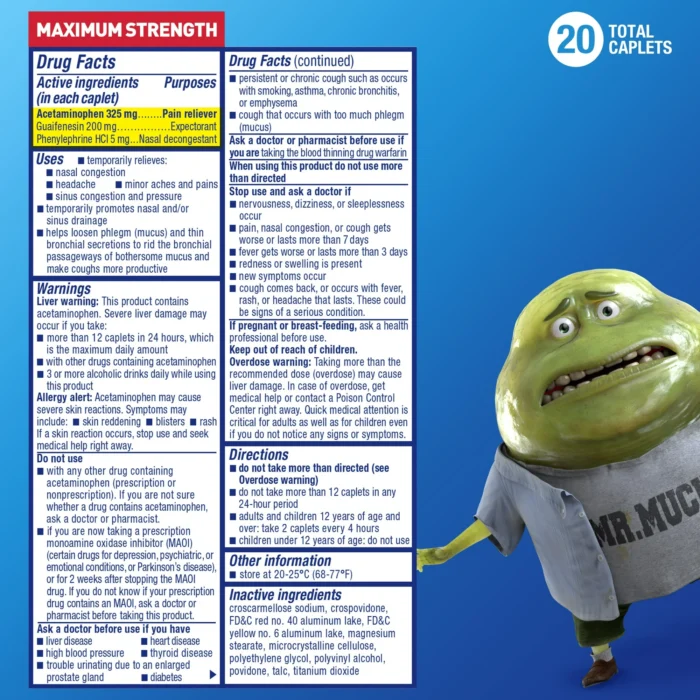Mucinex Sinus-Max Severe Congestion & Pain Medicine, OTC Headache Relief, Nasal Decongestant, 20 Caplets - Image 5
