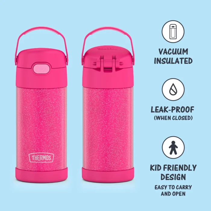 THERMOS FUNTAINER 12 Ounce Stainless Steel Vacuum Insulated Kids Straw Bottle, Pink Glitter - Image 2