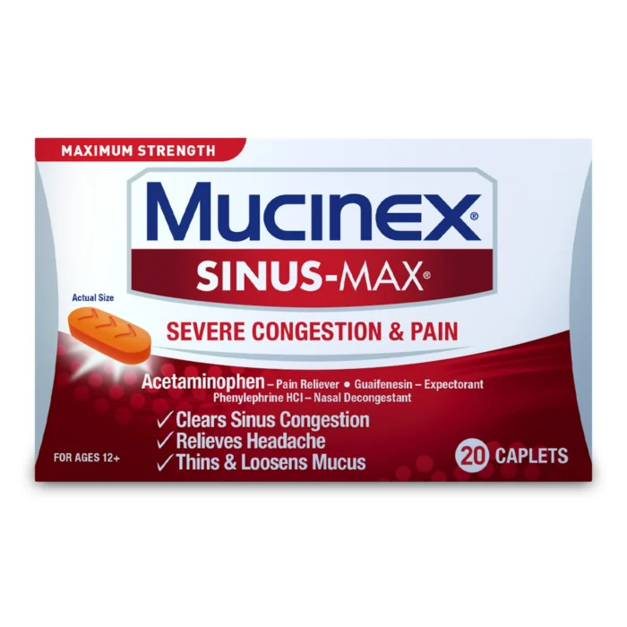Mucinex Sinus-Max Severe Congestion & Pain Medicine, OTC Headache Relief, Nasal Decongestant, 20 Caplets - Image 1