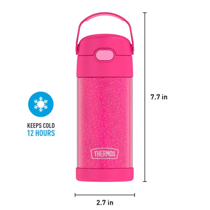 THERMOS FUNTAINER 12 Ounce Stainless Steel Vacuum Insulated Kids Straw Bottle, Pink Glitter - Image 5