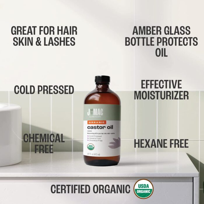 J MAC BOTANICALS, Organic Castor Oil Cold Pressed (Glass Bottle, 16 oz) pure unrefined, hexane free for face, skin, eyelashes, pack wraps, pads - Image 5