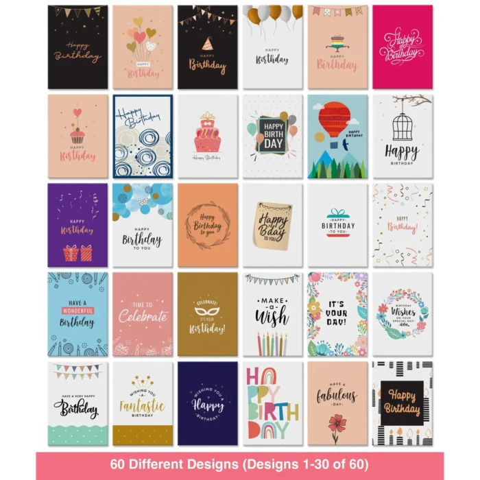 Dessie 60 Unique Birthday Cards Assortment 5x7 with Generic Birthday Greetings Inside. Suitable For Men, Women and Kids. Send As Is Or Personalize. Includes Envelopes and Gold Stickers SF1 - Image 2