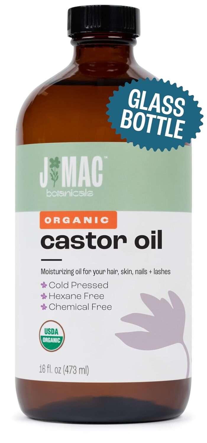 J MAC BOTANICALS, Organic Castor Oil Cold Pressed (Glass Bottle, 16 oz) pure unrefined, hexane free for face, skin, eyelashes, pack wraps, pads - Image 1