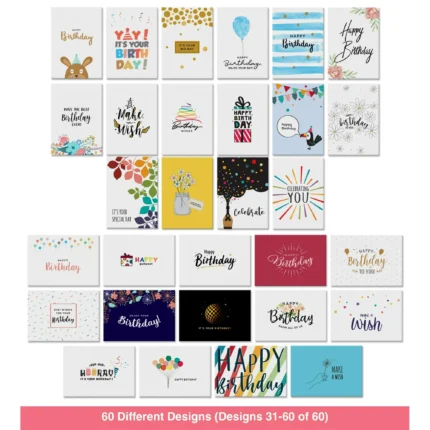 Dessie 60 Unique Birthday Cards Assortment 5x7 with Generic Birthday Greetings Inside. Suitable For Men, Women and Kids. Send As Is Or Personalize. Includes Envelopes and Gold Stickers SF1