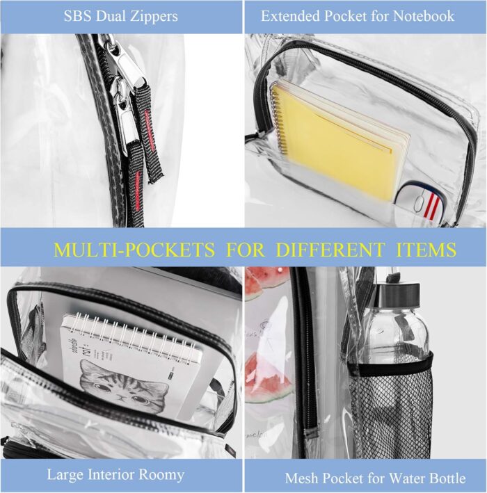 Clear Backpack Heavy Duty Clear Bookbag Transparent Backpacks for School Work Concert College (Black) - Image 6