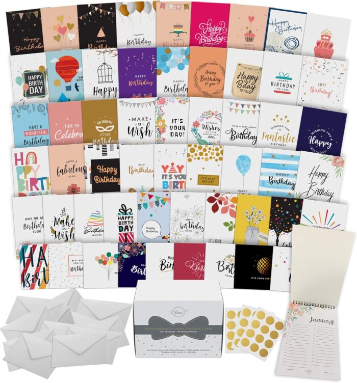 Dessie 60 Unique Birthday Cards Assortment 5x7 with Generic Birthday Greetings Inside. Suitable For Men, Women and Kids. Send As Is Or Personalize. Includes Envelopes and Gold Stickers - Image 1