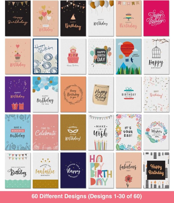 Dessie 60 Unique Birthday Cards Assortment 5x7 with Generic Birthday Greetings Inside. Suitable For Men, Women and Kids. Send As Is Or Personalize. Includes Envelopes and Gold Stickers - Image 2