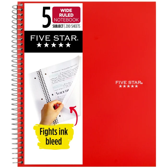 Five Star Spiral Notebook + Study App, 5 Subject, Wide Ruled, 8" x 10.5", Fire Red - Image 1