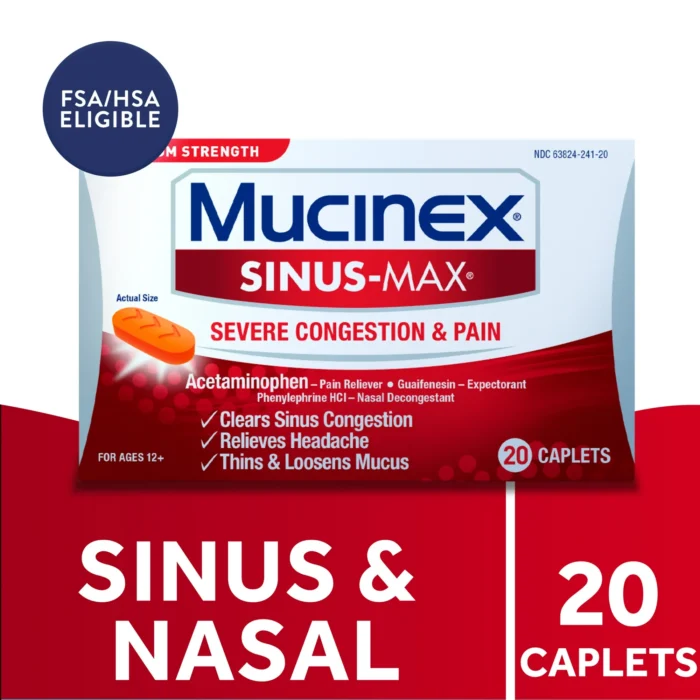 Mucinex Sinus-Max Severe Congestion & Pain Medicine, OTC Headache Relief, Nasal Decongestant, 20 Caplets - Image 2