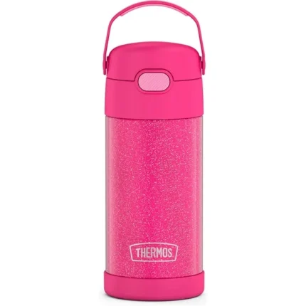 THERMOS FUNTAINER 12 Ounce Stainless Steel Vacuum Insulated Kids Straw Bottle, Pink Glitter