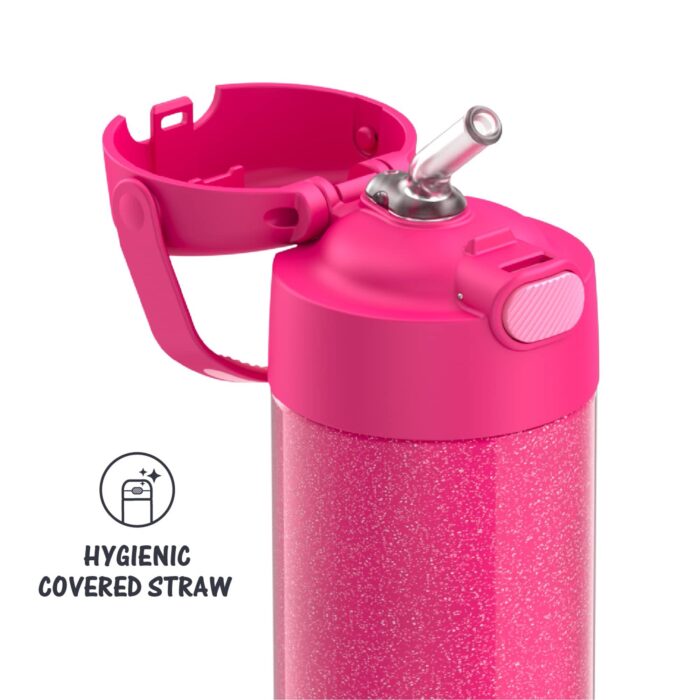 THERMOS FUNTAINER 12 Ounce Stainless Steel Vacuum Insulated Kids Straw Bottle, Pink Glitter - Image 3