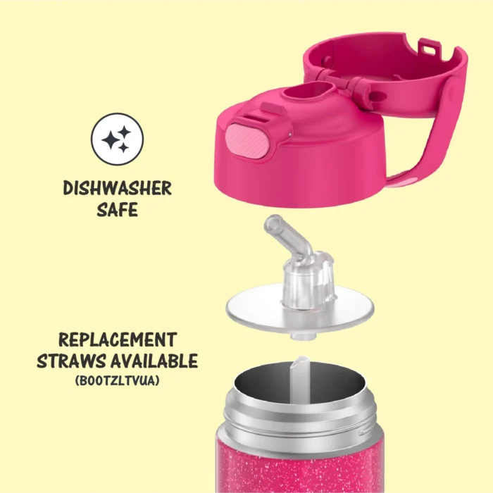 THERMOS FUNTAINER 12 Ounce Stainless Steel Vacuum Insulated Kids Straw Bottle, Pink Glitter - Image 4